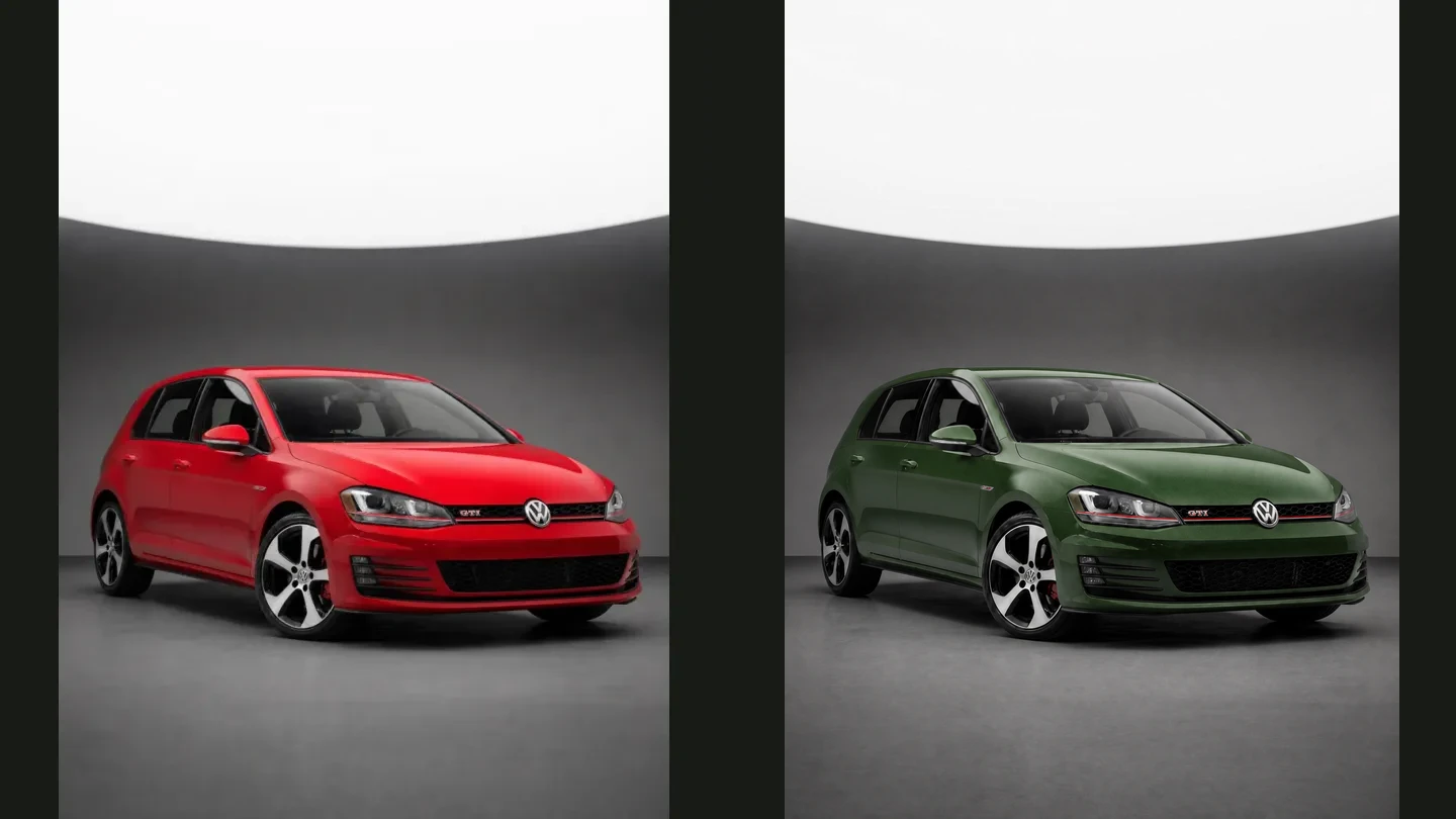 Original red Volkswagen GTI beside its generated green paint preview