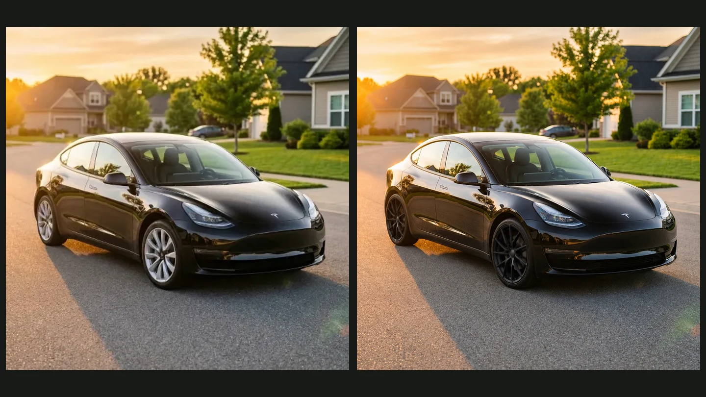 Original silver wheels beside an actual AI-generated black multi-spoke wheel preview