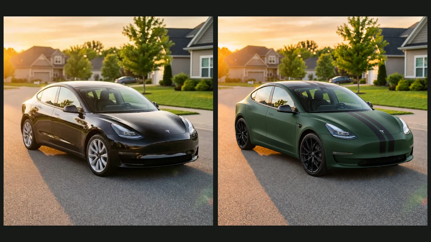 Original black Tesla beside a generated green wrap with black stripes