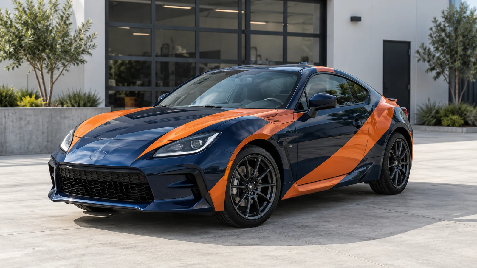 Sports coupe with a navy and orange geometric vinyl wrap