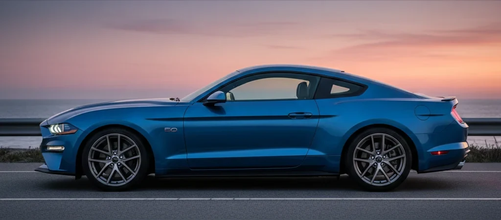 Blue Ford Mustang in a clear side-view car photograph